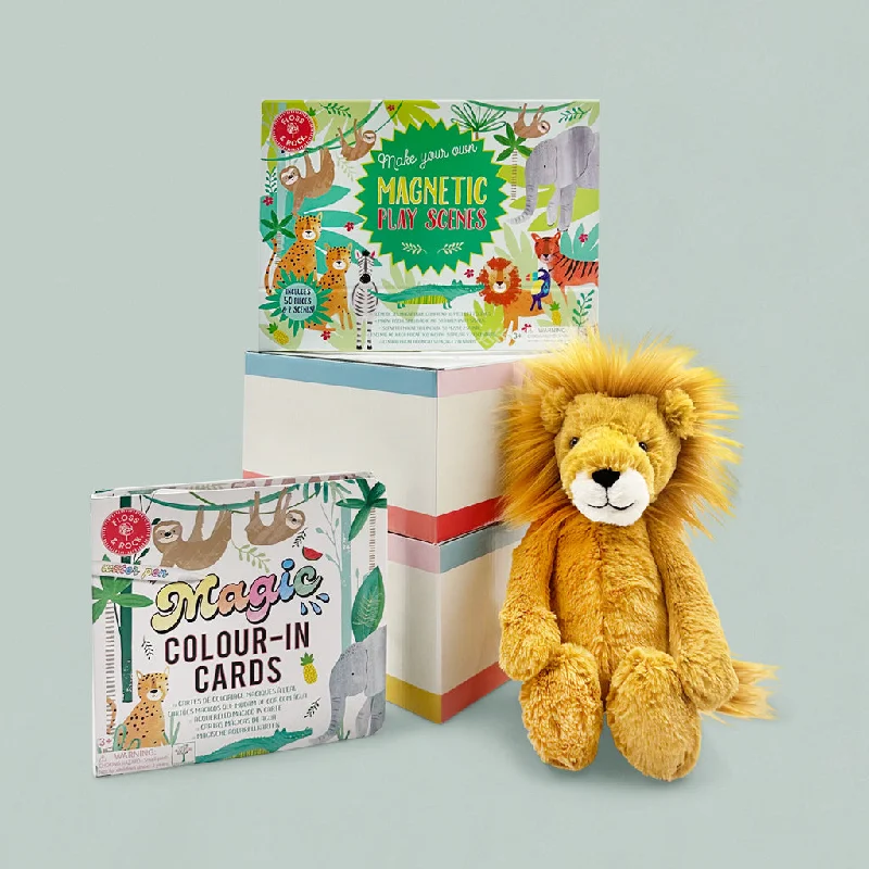Adorable and plush Jellycat emotional support friendsFloss & Rock Jungle Activity Play Set with Jellycat Bashful Lion