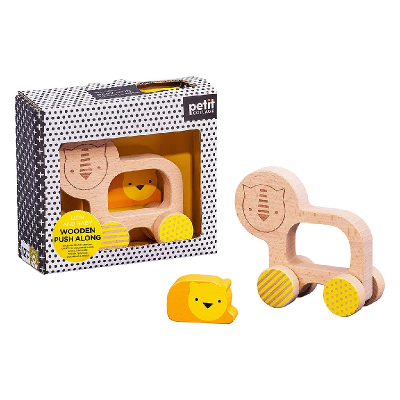skillfully crafted wooden toys                   Petit Collage Wooden Push Along Animal Car Lion 2.0